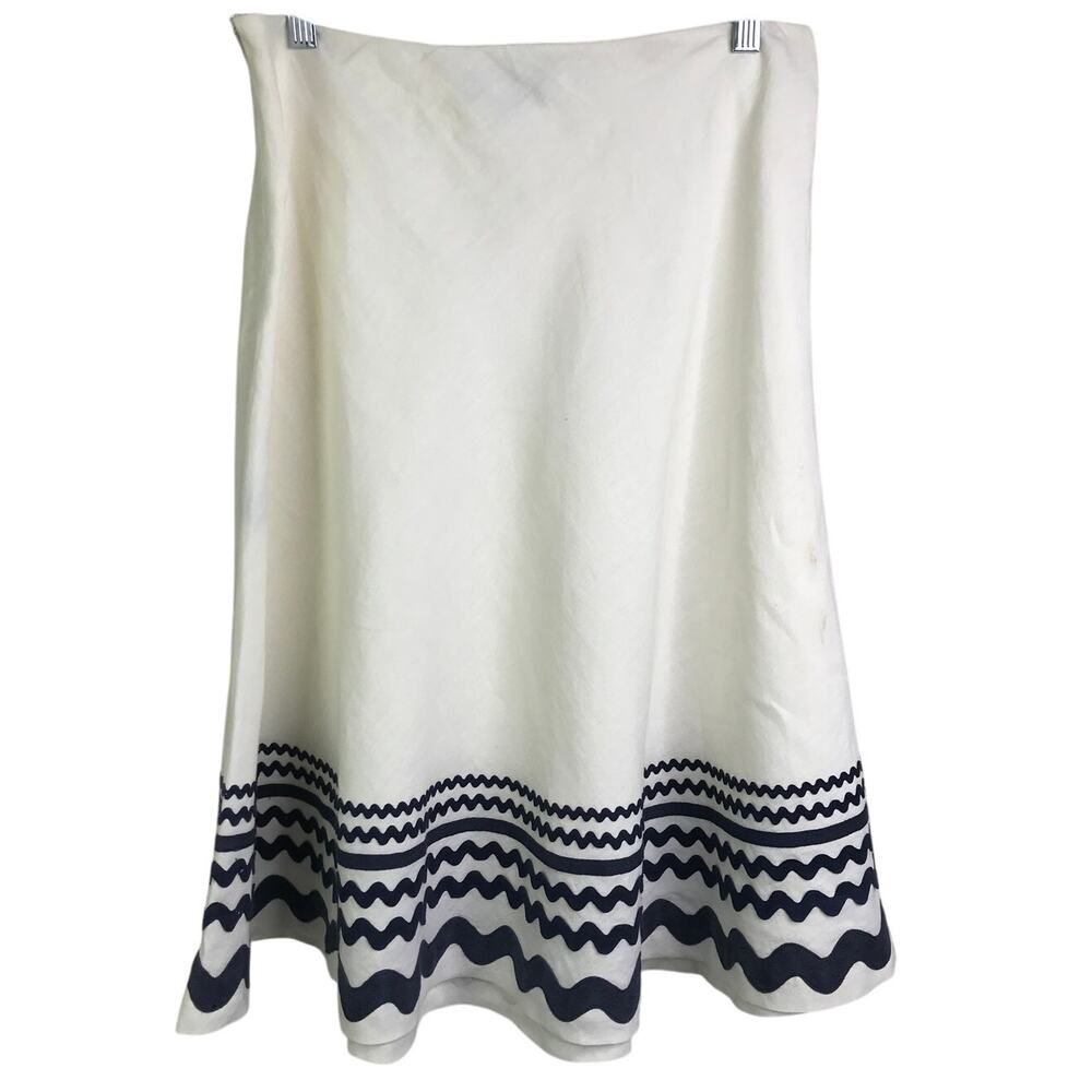 J. McLaughlin A-Line Midi Skirt Women 8 Creamy White Blue Embroidered Ribbon Hem
